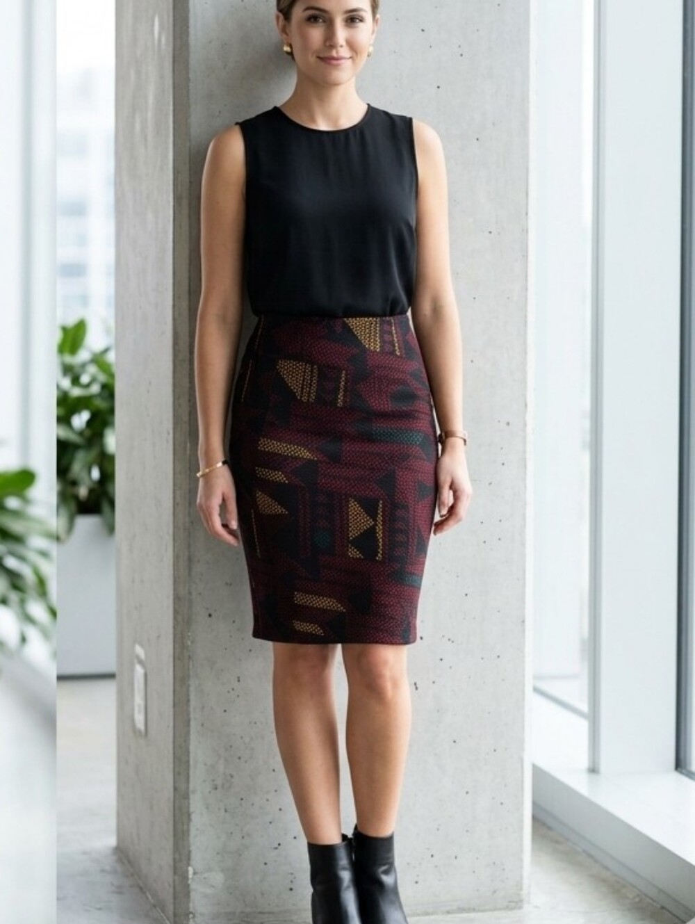 LuLaRoe Cassie Geometric Skirt in Burgundy, Black & Mustard